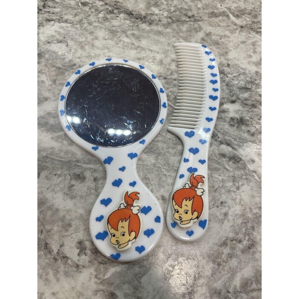 Vintage The Flintstones Pebbles Comb & Mirror Blue Hearts Hanna Barbera Inc 6"
